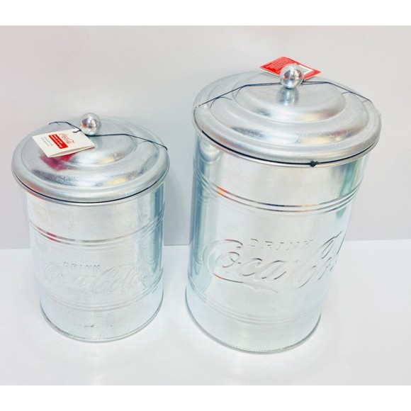 Retro Metal Coca-Cola Logo Tin Steel Canisters Kitchen Storage VTG Style 2pc Set - Picture 1 of 15
